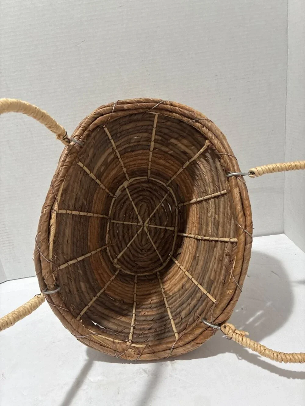 rustic rare wicker basket natural brown corn rope handmade twisted branch handle